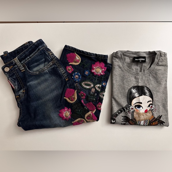 Dsquared2 Cropped jeans Embroidery + Long sleeve shirt. Girls Size 10 - Picture 1 of 16